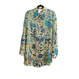 Soft Surroundings Green & Blue Floral Print Long Sleeve Button-Down Shirt Size L
